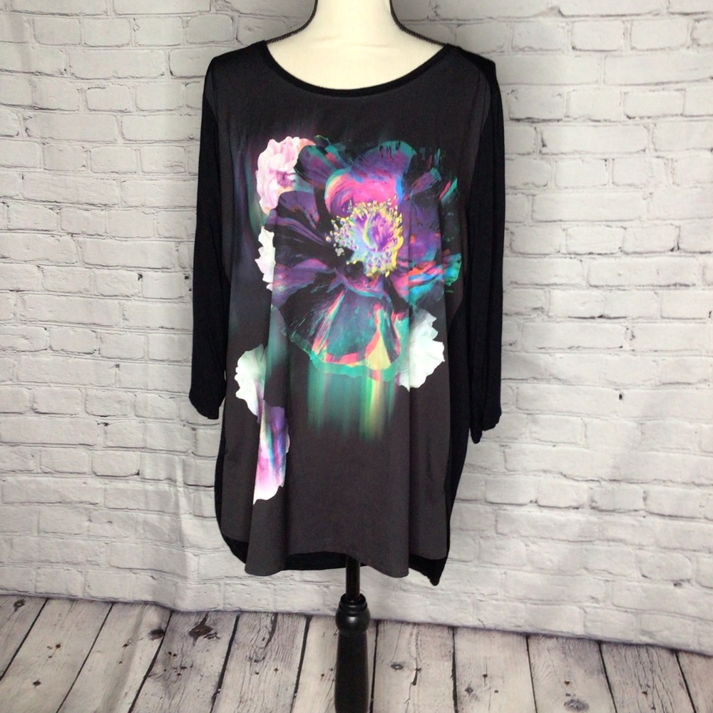 APT 9 Black Floral 3/4 Sleeve Pullover Top 1X